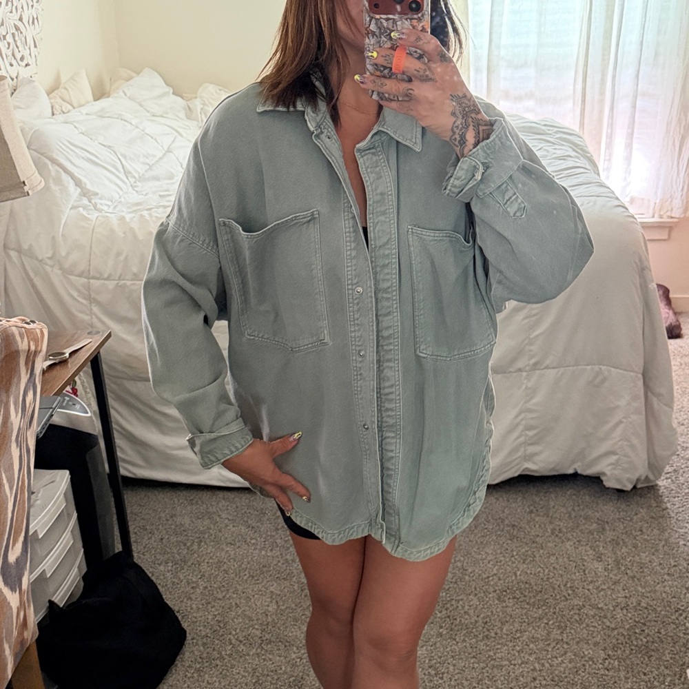 Zara Oversized Light Sage Green Denim Shacket - Picture 3 of 7